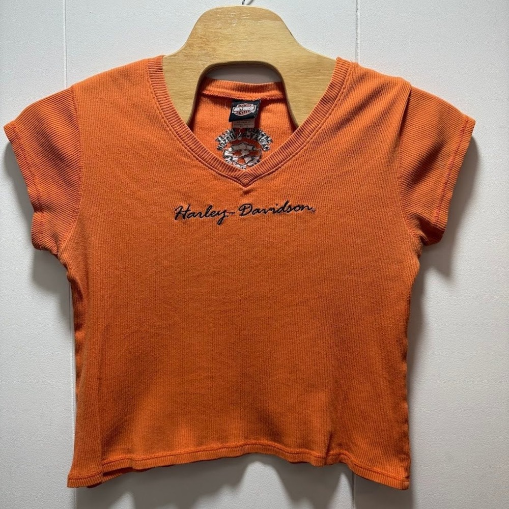 Harley‎ Davidson Orange Ribbed V-Neck Baby Tee MI Womens Size XL